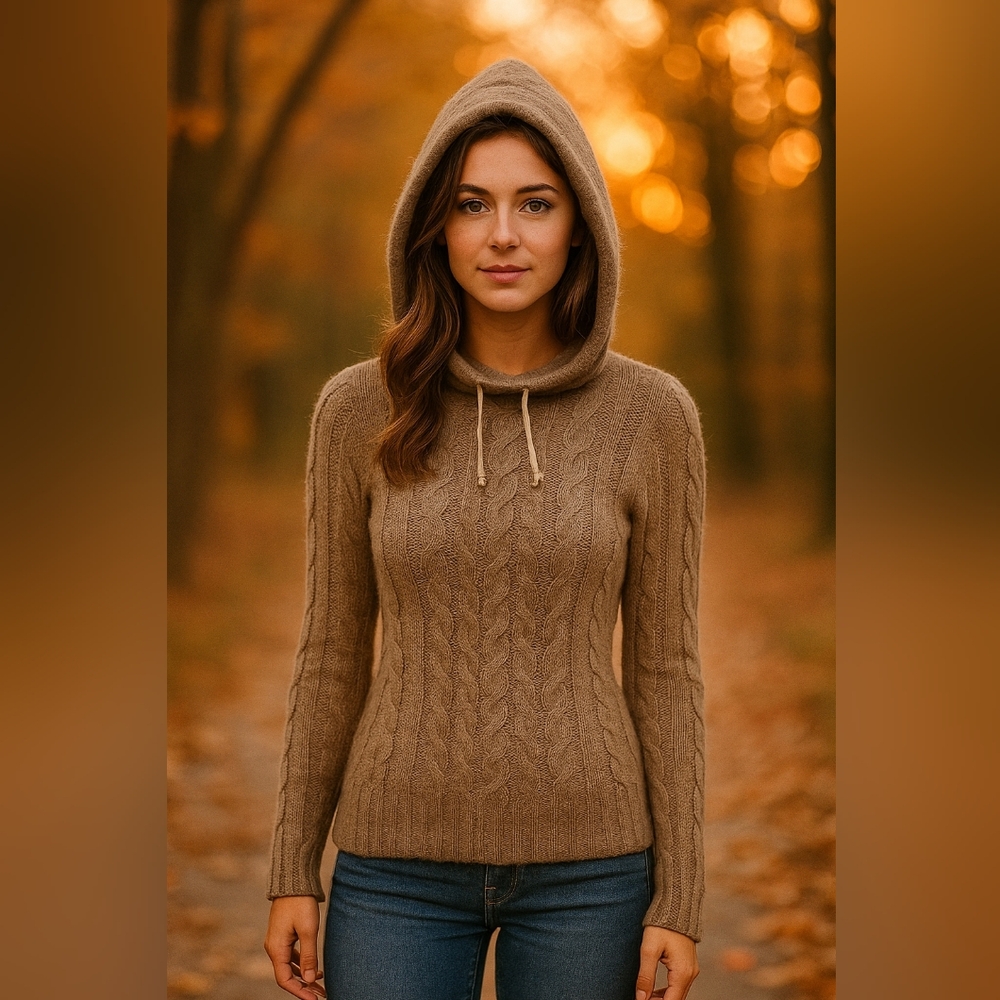 American Eagle Tan Angora Blend Pullover Cable Knit Sweater Hoodie Sz S Y2K